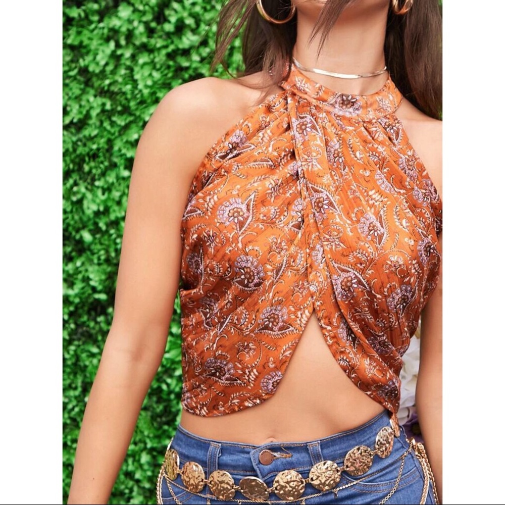 Open Back Floral Print Wrap Halter Top